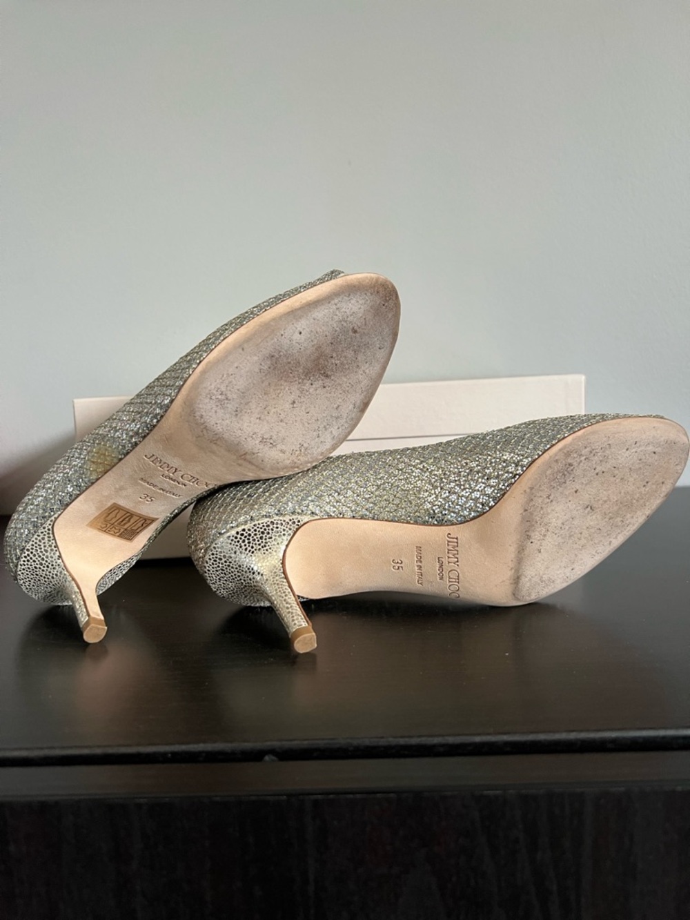 Jimmy Choo Isabel Champagne Glitter Open-Toe 2.5” Pumps Size 5 / 35 - Picture 16 of 16
